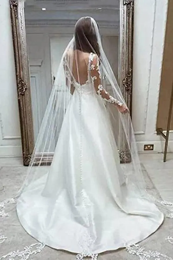 A-Line Satin Long Sleeves V-Neck Vintage Wedding Dresses Without Veil TN324