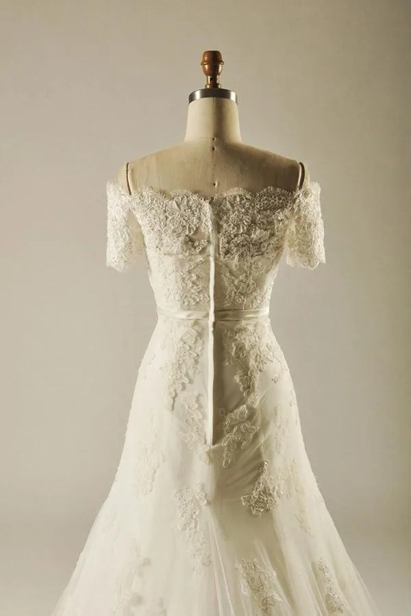 A-Line Short Sleeve Waist Lace Wedding Dress With Appliques Beading  TN0097