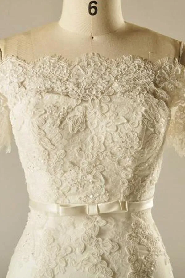 A-Line Short Sleeve Waist Lace Wedding Dress With Appliques Beading  TN0097