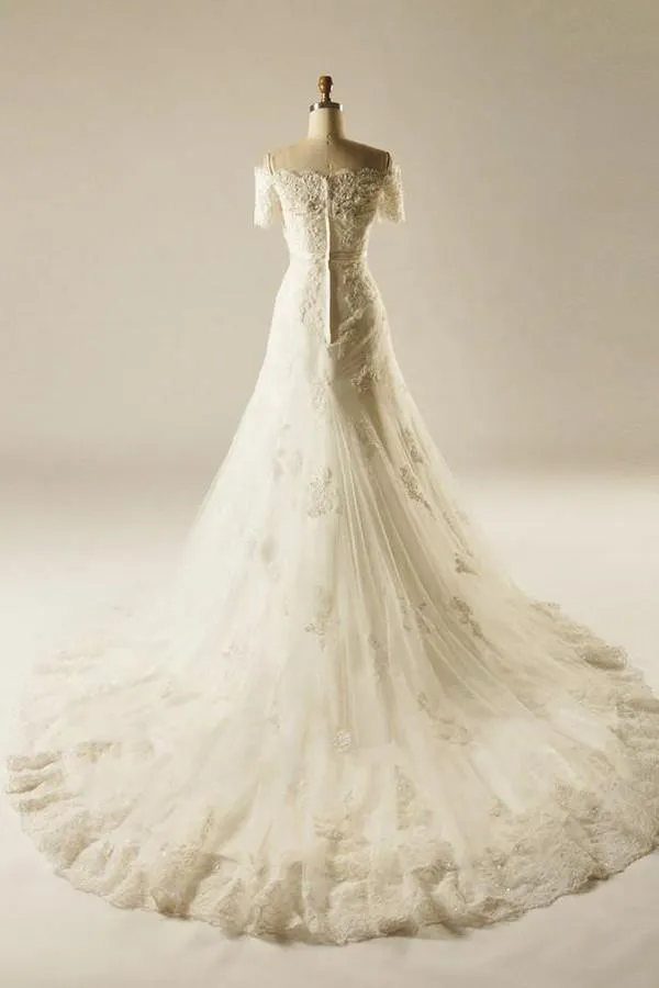A-Line Short Sleeve Waist Lace Wedding Dress With Appliques Beading  TN0097