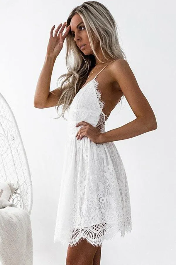 A-Line Spaghetti Straps Criss-Cross Straps Ivory Lace Homecoming Dress PG191