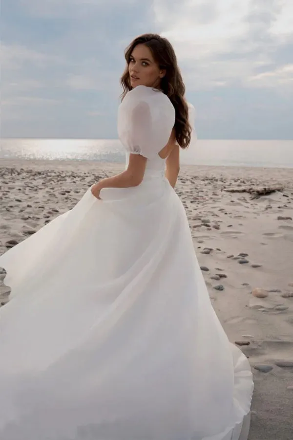 A-Line Square Neck Short Sleeves Vintage Wedding Dress TD001