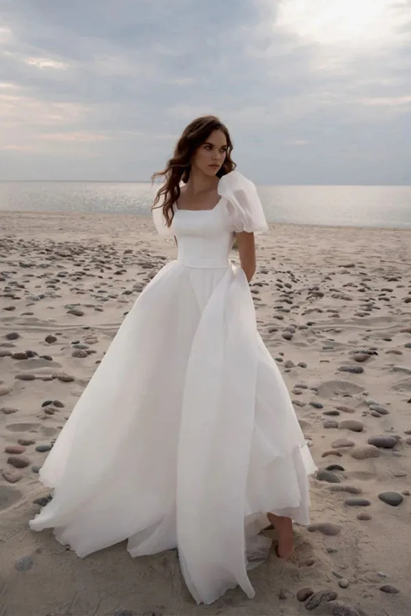 A-Line Square Neck Short Sleeves Vintage Wedding Dress TD001