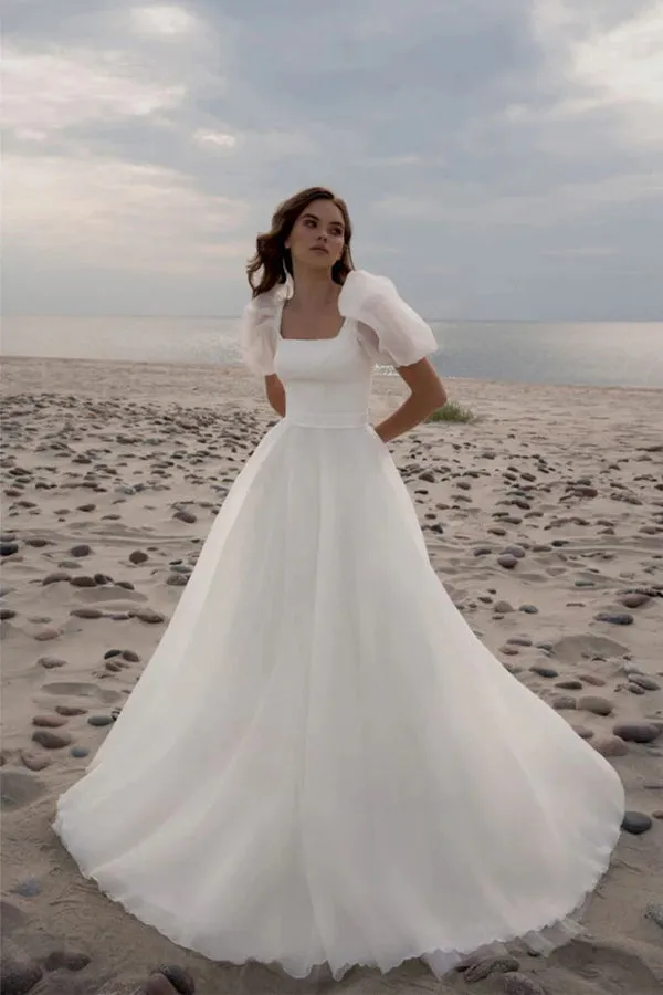 A-Line Square Neck Short Sleeves Vintage Wedding Dress TD001