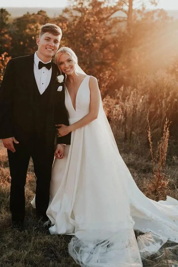 A-Line V Neck Ivory Satin Simple Elegant Wedding Dresses Bridal Gown TN244