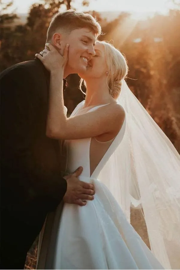 A-Line V Neck Ivory Satin Simple Elegant Wedding Dresses Bridal Gown TN244