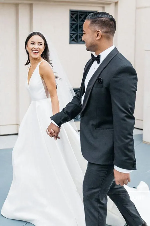 A-Line V Neck Ivory Satin Simple Elegant Wedding Dresses Bridal Gown TN244