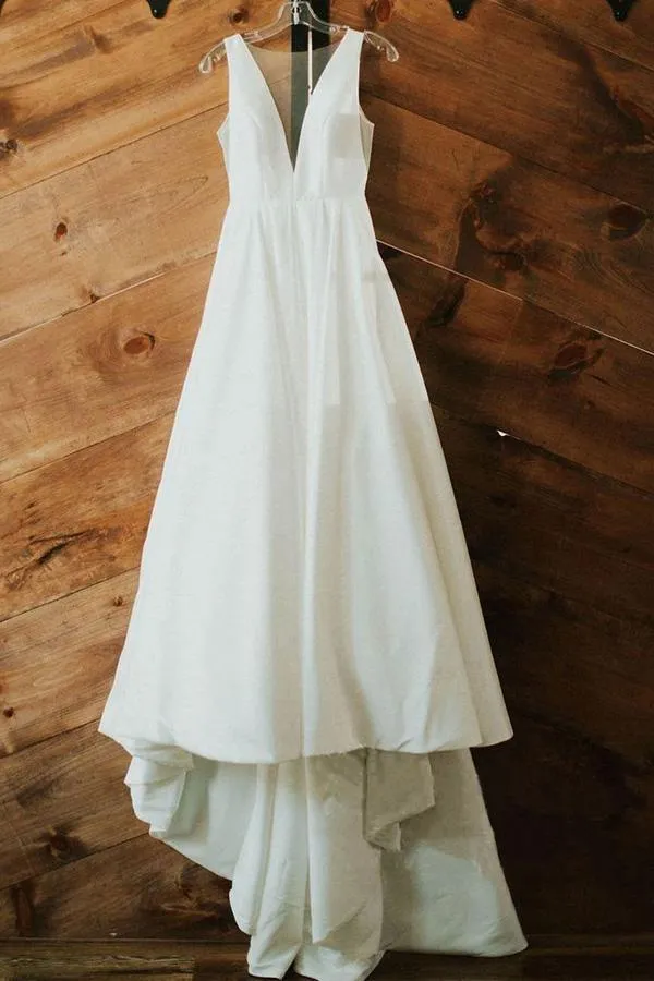 A-Line V Neck Ivory Satin Simple Elegant Wedding Dresses Bridal Gown TN244