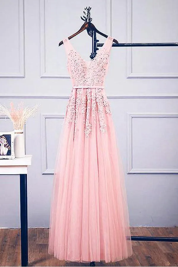 A-Line V Neck Pink Tulle Lace Applique Long Prom Dress Evening Dress TP0936