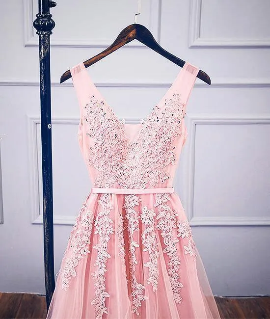A-Line V Neck Pink Tulle Lace Applique Long Prom Dress Evening Dress TP0936