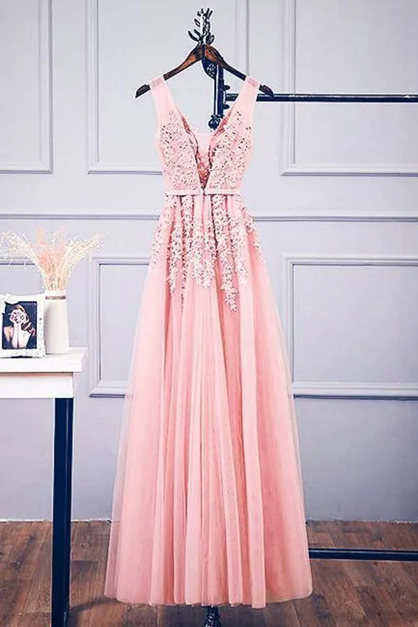 A-Line V Neck Pink Tulle Lace Applique Long Prom Dress Evening Dress TP0936