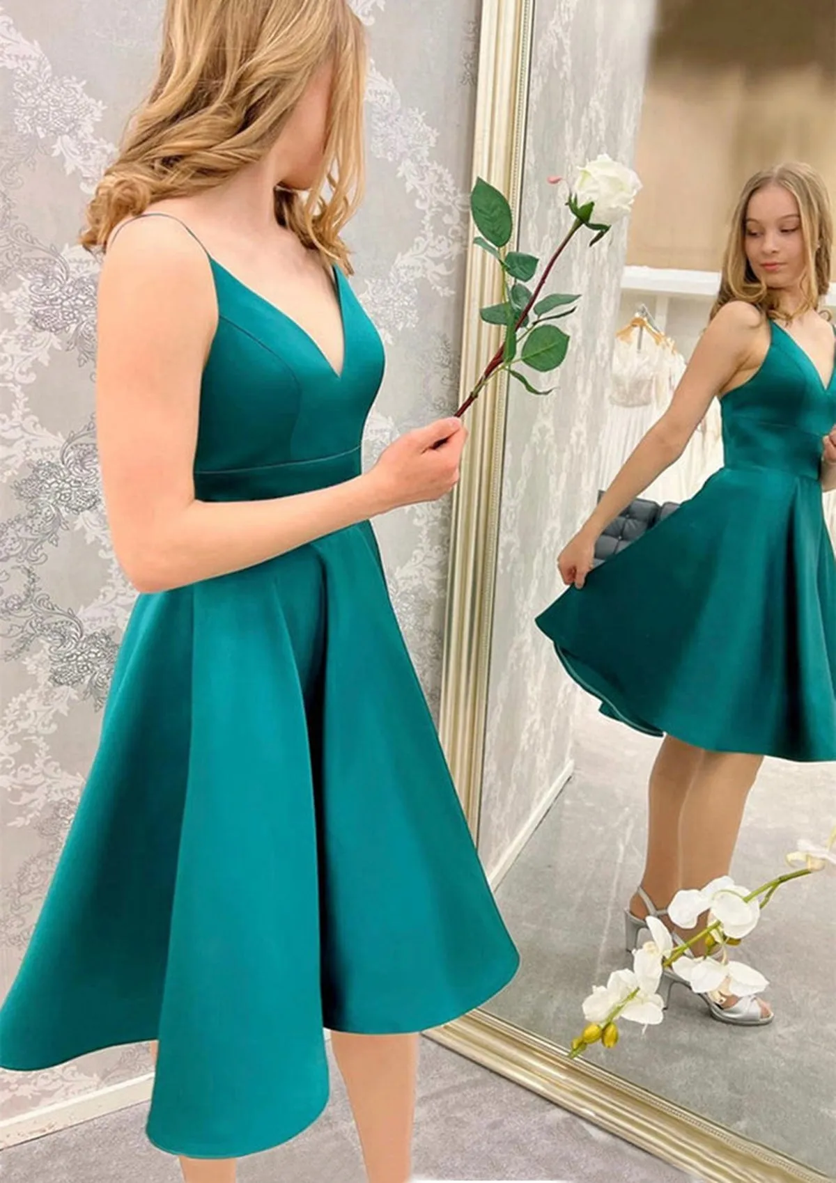A-line V Neck Sleeveless Lace-up Satin Short Mini Homecoming Dress