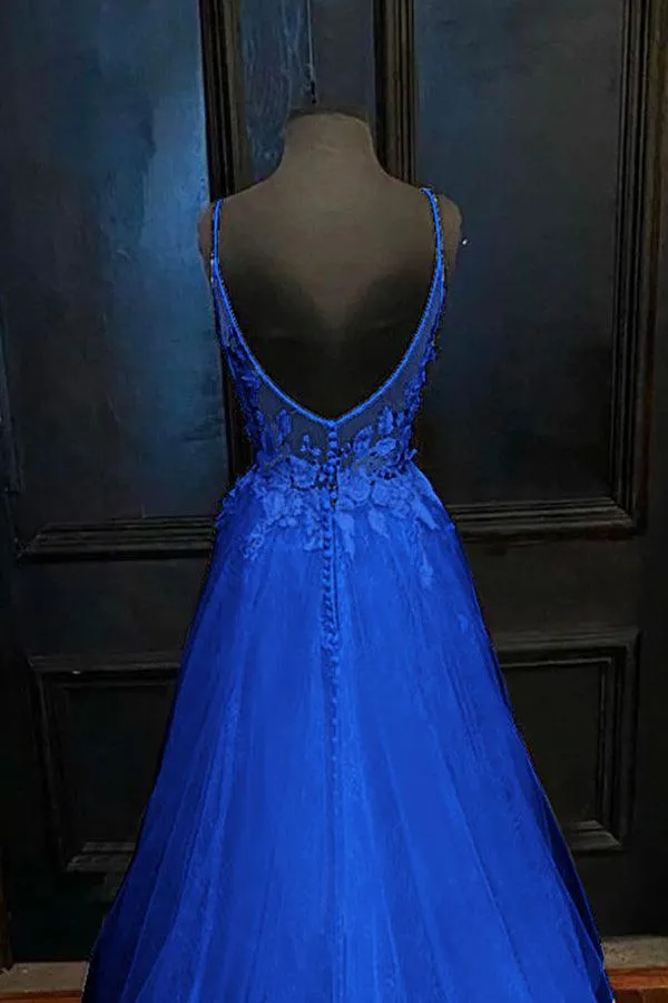 A-Line V Neck Straps Tulle Royal Blue Prom Dress With Appliques TP1186
