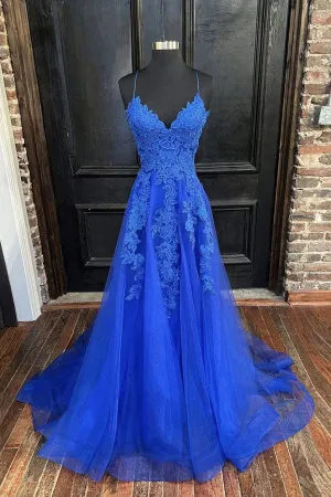 A-Line V Neck Straps Tulle Royal Blue Prom Dress With Appliques TP1186