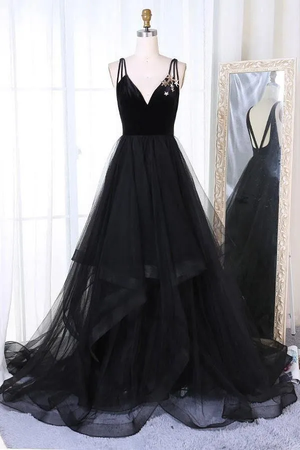A-Line V-Neck Sweep Train Pleated Tiered Black Tulle Prom Dresses, TP0177
