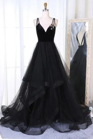 A-Line V-Neck Sweep Train Pleated Tiered Black Tulle Prom Dresses, TP0177