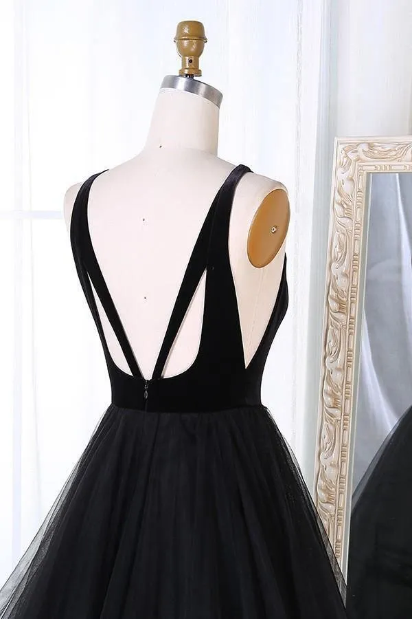 A-Line V-Neck Sweep Train Pleated Tiered Black Tulle Prom Dresses, TP0177