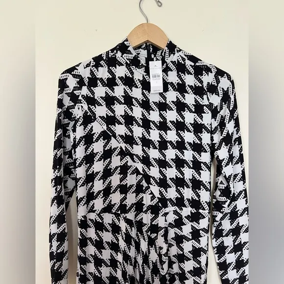 Ann Taylor Women Black White Houndstooth Dress 2 Flowy Long Sleeves Modest Relax