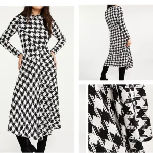 Ann Taylor Women Black White Houndstooth Dress 2 Flowy Long Sleeves Modest Relax