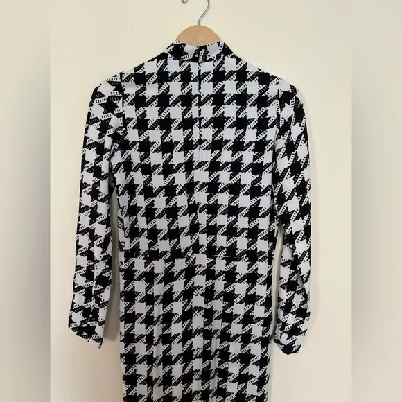 Ann Taylor Women Black White Houndstooth Dress 2 Flowy Long Sleeves Modest Relax