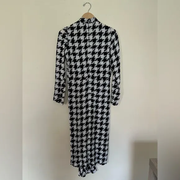 Ann Taylor Women Black White Houndstooth Dress 2 Flowy Long Sleeves Modest Relax