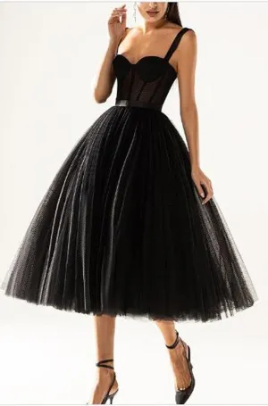 Anneprom A-line Vintage Black Lace Tea Length Sweetheart Cocktail Party Formal Dress APP0424