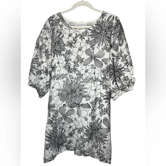 Anthropologie Bryn Walker Carina Floral Print 100% Linen Dress Puff Sleeve Sz M