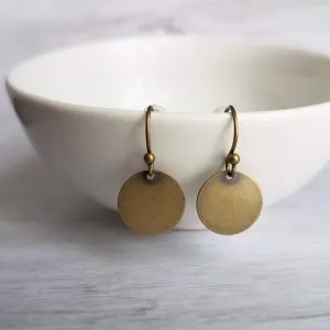 Antique Brass Disk Earrings, small bronze disk, disc earring, flat round earring, antique bronze, rustic earring, round dangle, thin circle