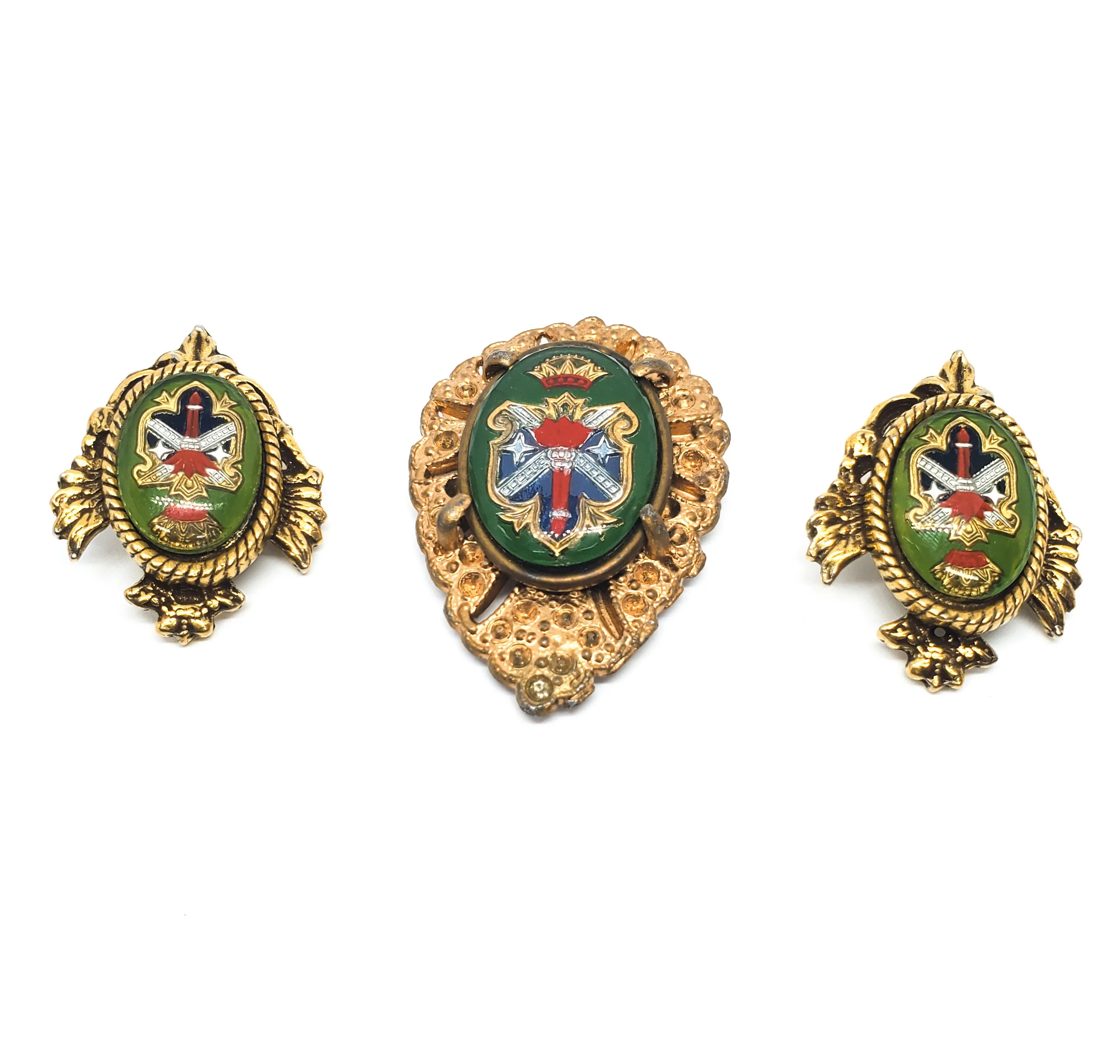 Antique Heraldic crest reverse carved intaglio married set earrings and dress clip