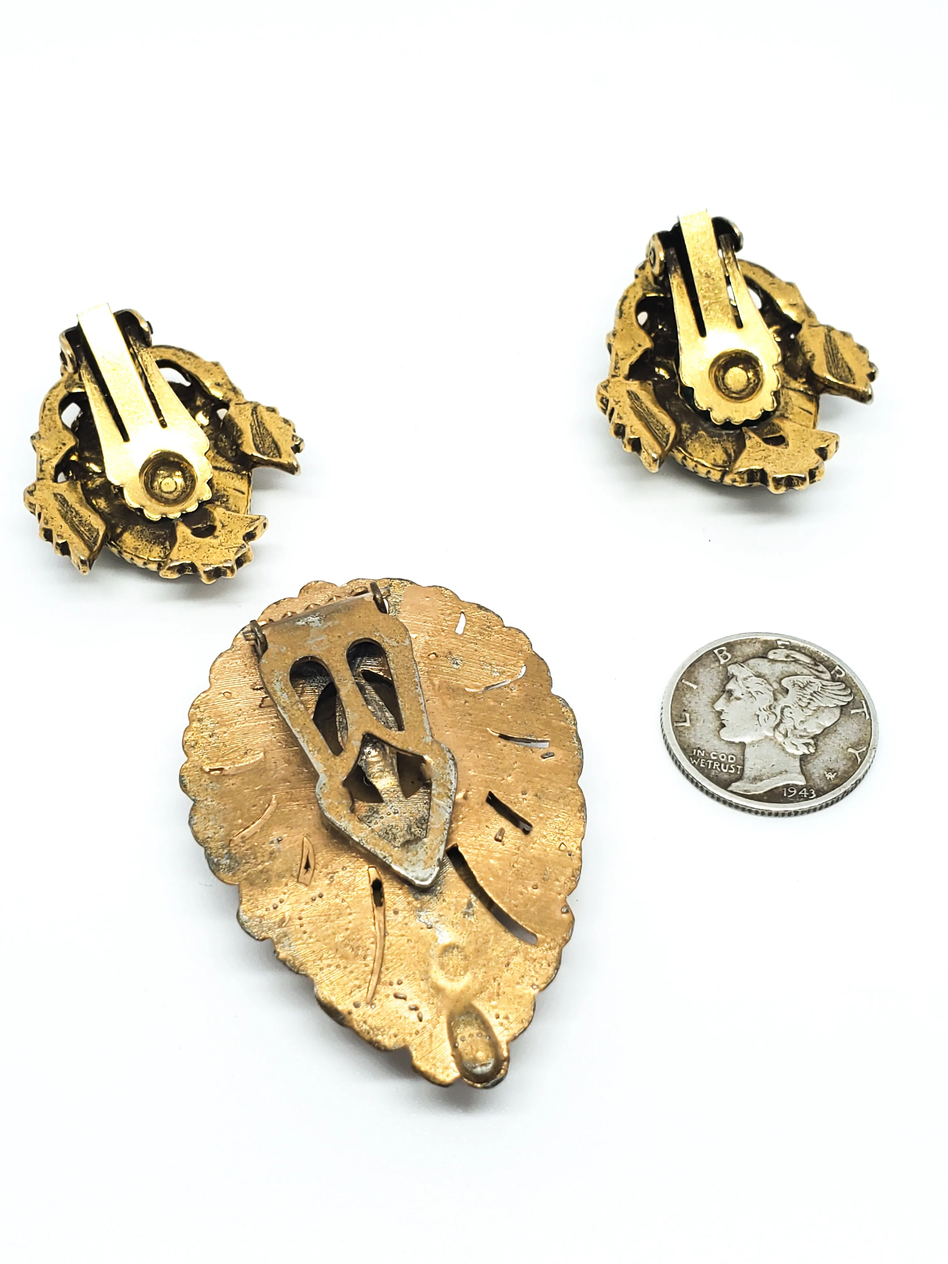 Antique Heraldic crest reverse carved intaglio married set earrings and dress clip