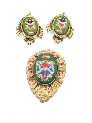 Antique Heraldic crest reverse carved intaglio married set earrings and dress clip