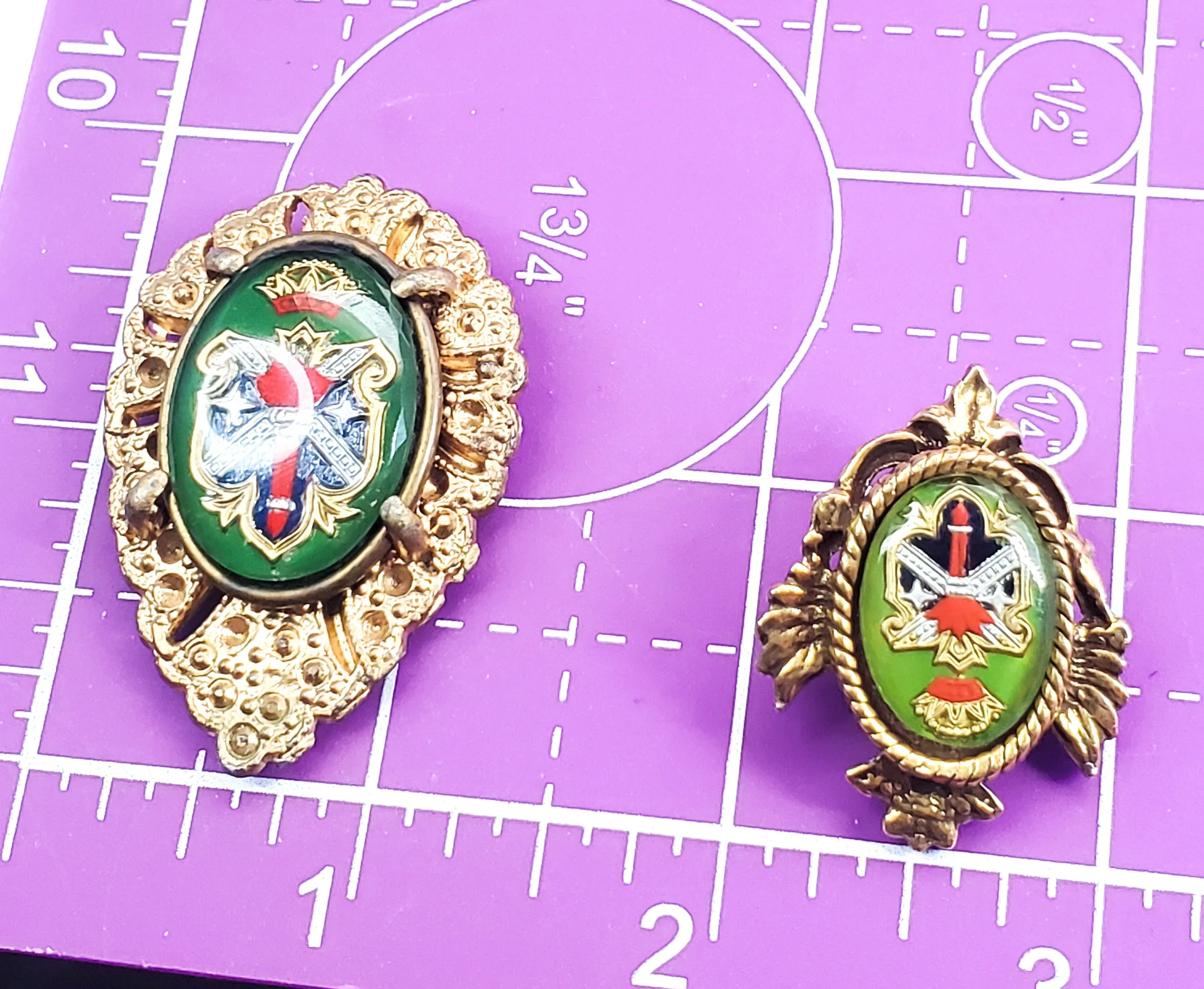 Antique Heraldic crest reverse carved intaglio married set earrings and dress clip