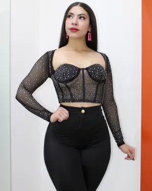 Ask Me For Rhinestones Black Crop Top