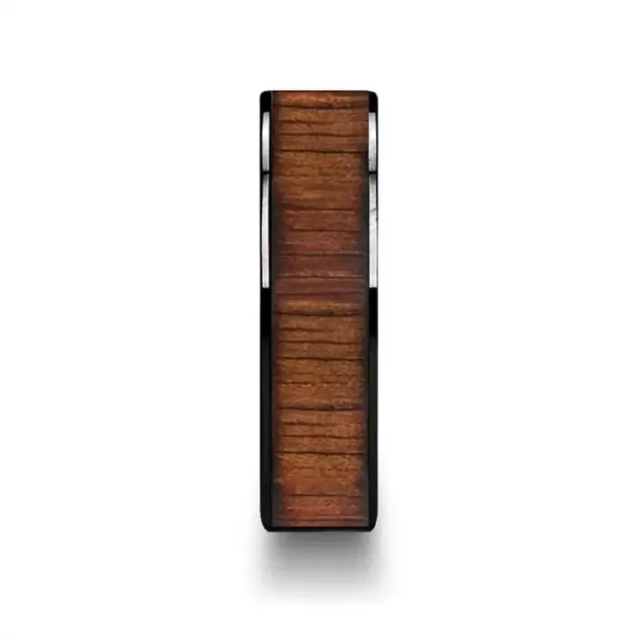 ATREUS Polished Black Ceramic Flat Wedding Band with Koa Wood Inlay