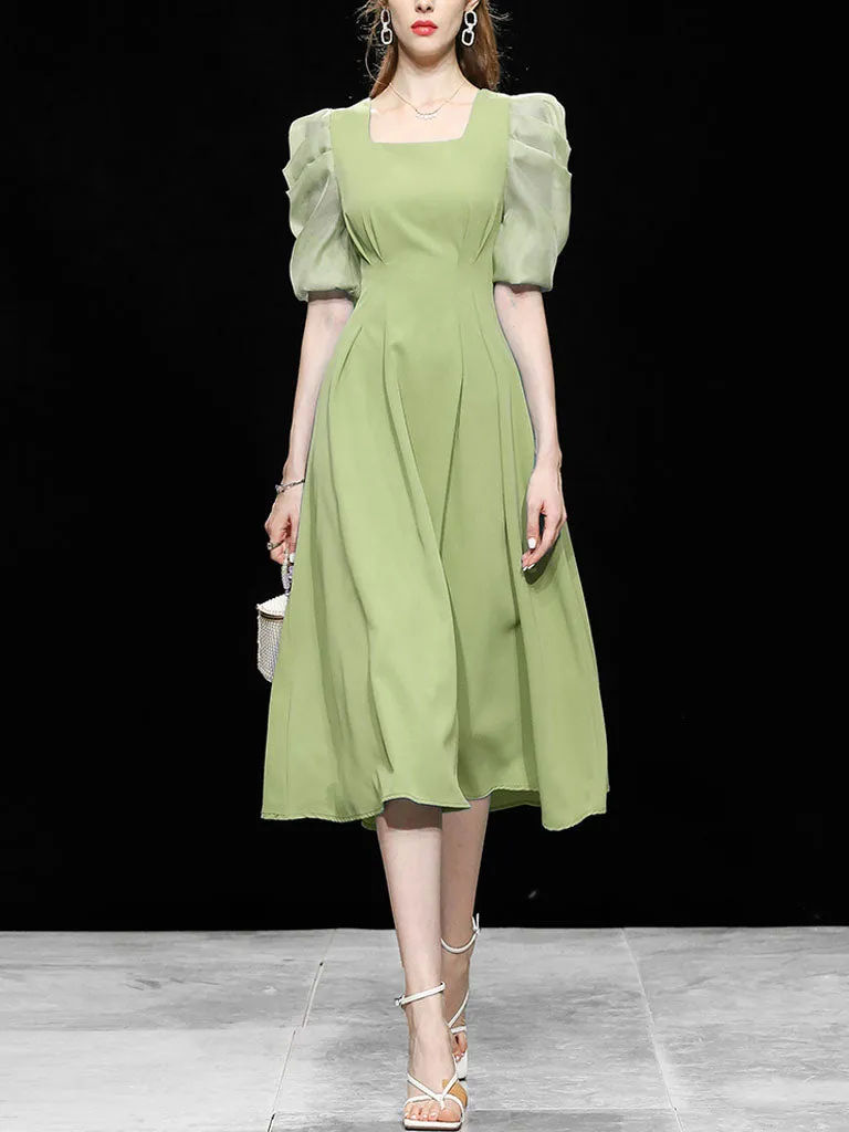 Avocado Green Puff Sleeve 1950S Vintage Dress