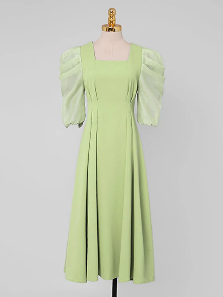 Avocado Green Puff Sleeve 1950S Vintage Dress