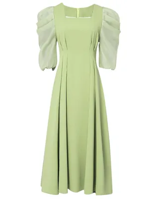 Avocado Green Puff Sleeve 1950S Vintage Dress