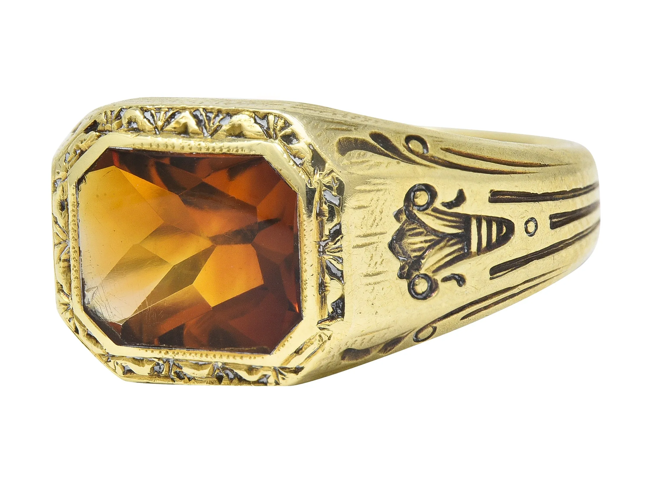 Axel Bros Art Deco Citrine 14 Karat Yellow Gold Lotus Antique Unisex Signet Ring