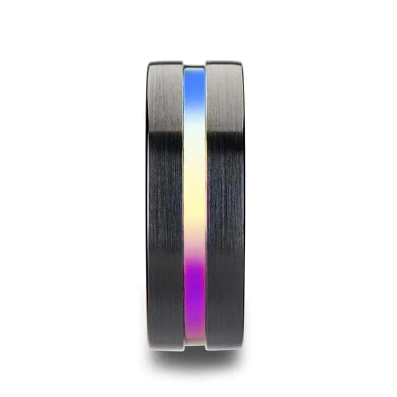AZURE Flat Black Ceramic Ring Brushed with Rainbow Groove