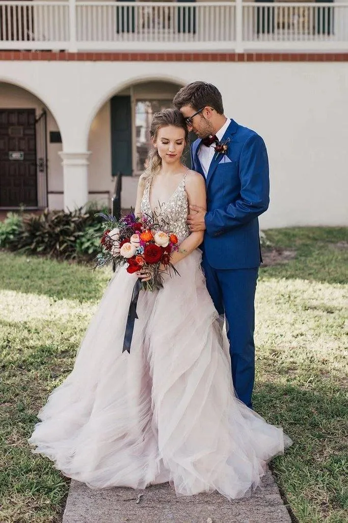 Ball Gown Sexy Deep V-Neck Beaded Bodice Rustic Wedding Dress TN255