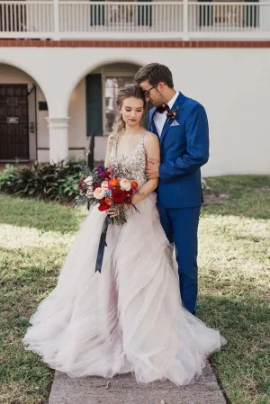 Ball Gown Sexy Deep V-Neck Beaded Bodice Rustic Wedding Dress TN255