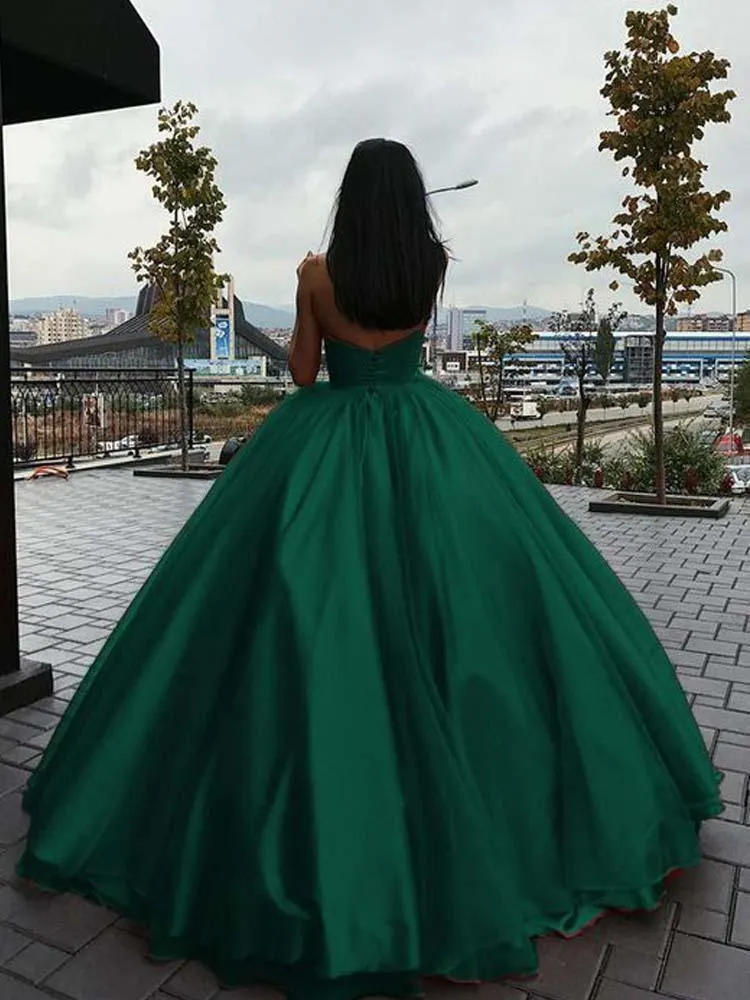 Ball Gown Sweetheart Open Back Black and Green Satin Long Prom Dresses  PG736