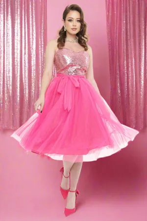 Barbie X Unique Vintage 1980s Pink Sequin Day To Night Swing Dress
