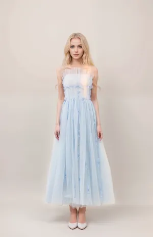 Beaded Spaghetti-straps ruffled bow decorated tea length tulle prom dress