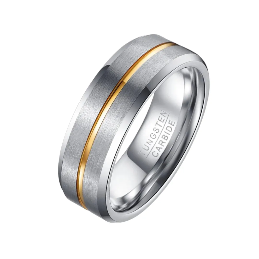 Beveled Edge Tungsten Carbide Men's Ring with Gold Line Inlay