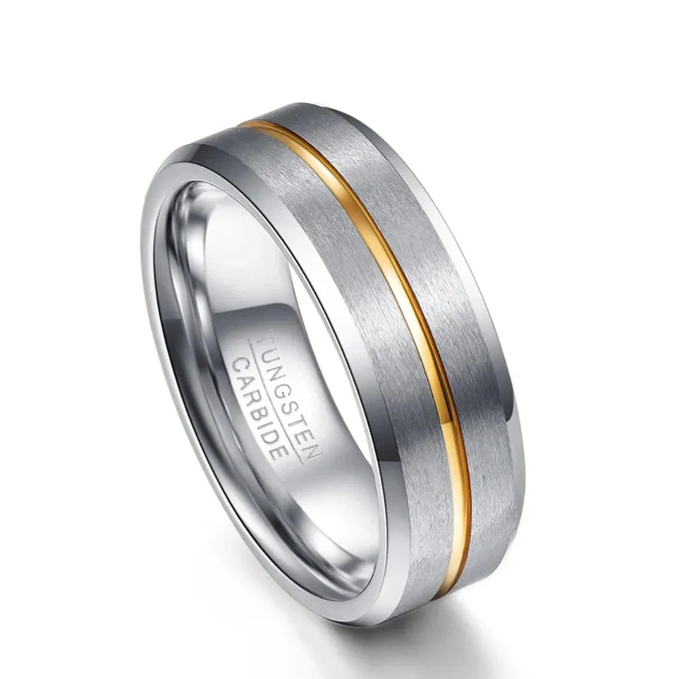 Beveled Edge Tungsten Carbide Men's Ring with Gold Line Inlay