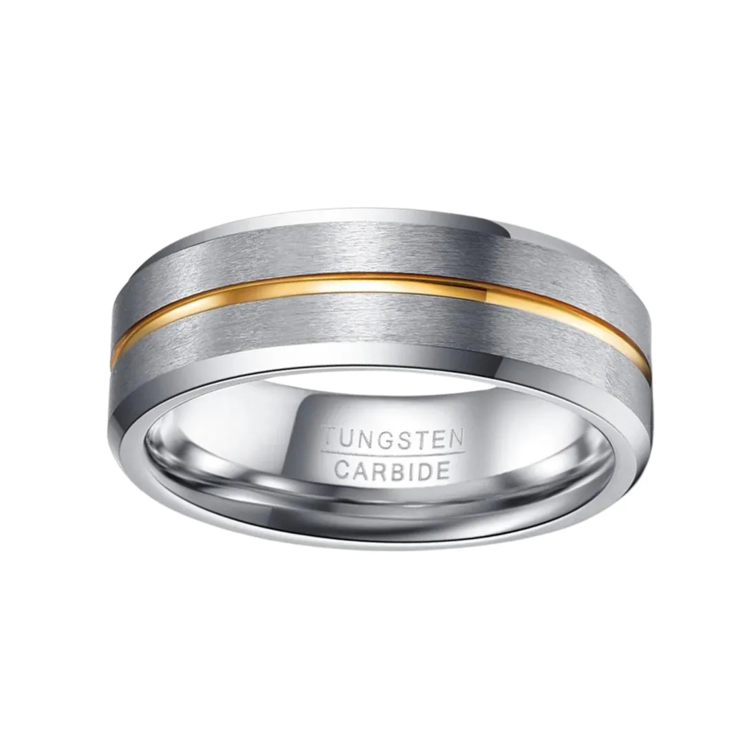 Beveled Edge Tungsten Carbide Men's Ring with Gold Line Inlay