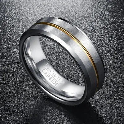 Beveled Edge Tungsten Carbide Men's Ring with Gold Line Inlay