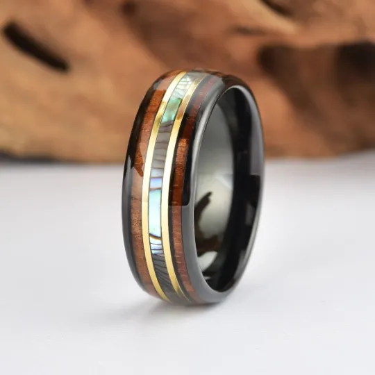 Black Ceramic Abalone Shell Koa Wood Men's Wedding Band 8MM