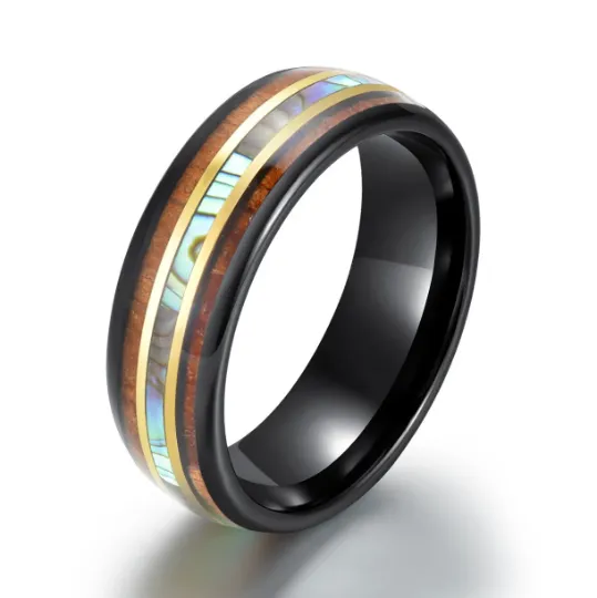 Black Ceramic Abalone Shell Koa Wood Men's Wedding Band 8MM